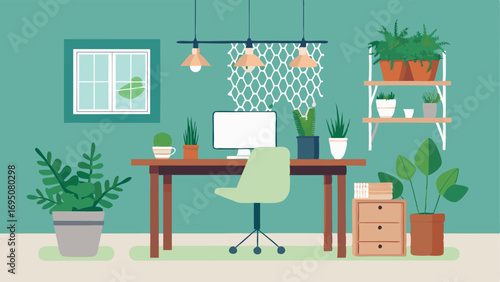 A home office with a large desk covered in succulents and a hanging macrame planter with a cascading fern.