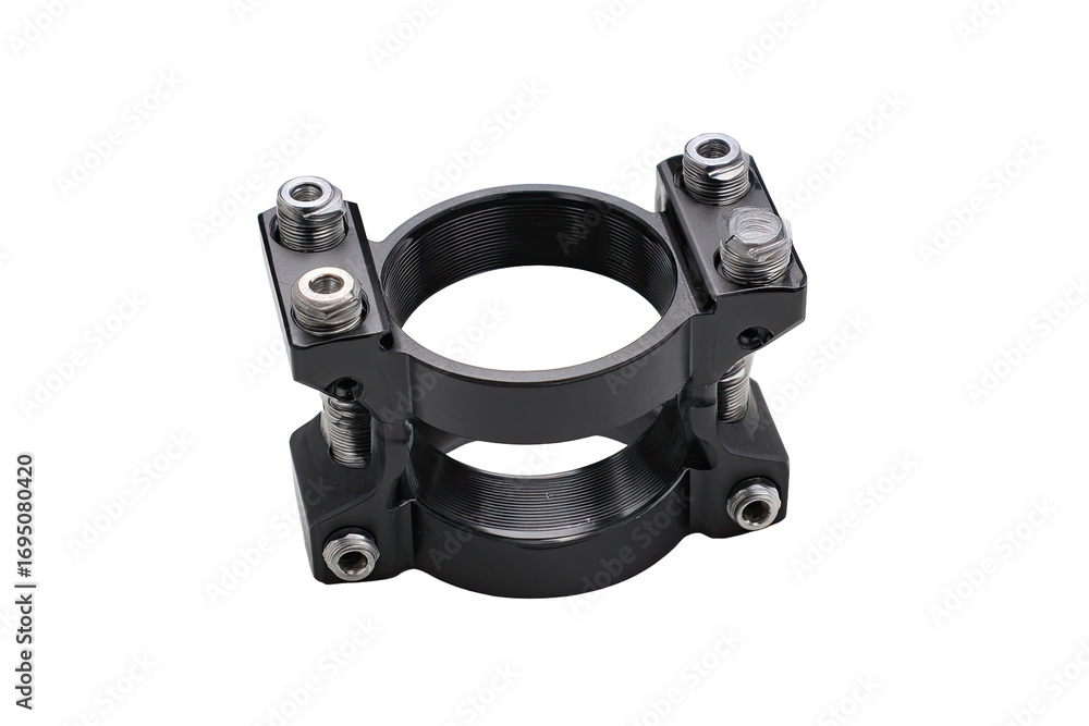 Obraz premium Black metal clamp, bolted, studio shot, isolated background, industrial