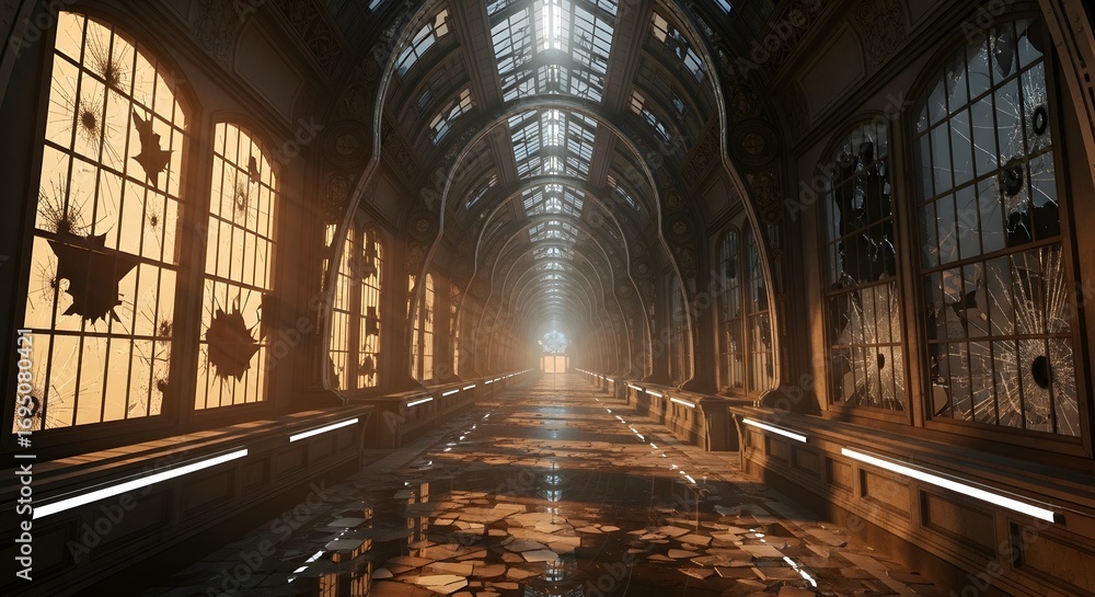 Obraz premium A long, dimly lit corridor with broken windows and debris on the floor, bathed in a soft, ethereal light