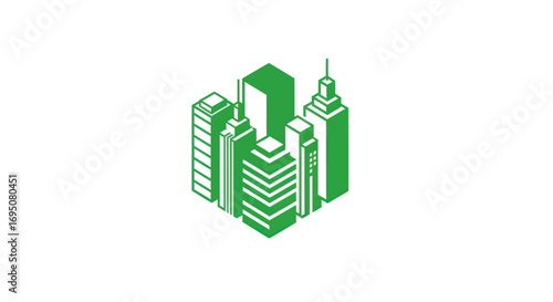 Isometric green city buildings and modern skyscrapers illustration.