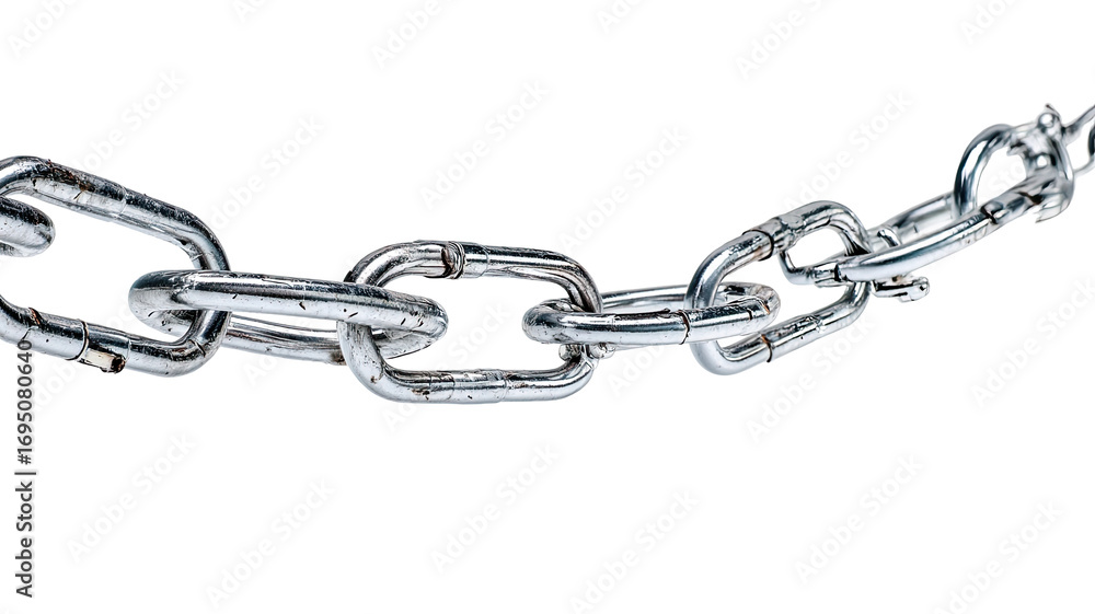 Obraz premium Close-up of a section of a metal chain. Links are interconnected, showing a slight wear or corrosion. Chain curves horizontally