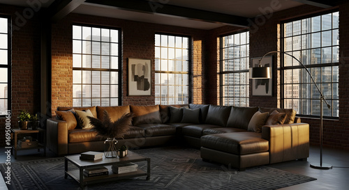 Elegant Urban Living: Luxury Loft Interior with Leather Sectional and Brick Walls