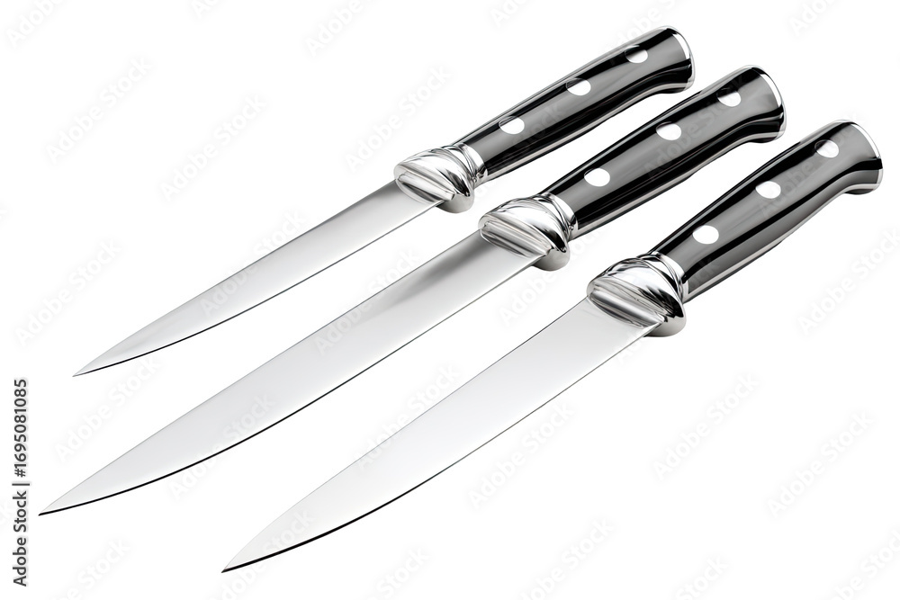 Obraz premium Three chef's knives, varying in size, with sleek, black handles and sharp, stainless steel blades