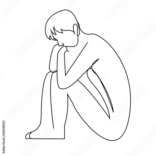Upset Boy Line Art Vector Illustration for Mental Health and Sadness