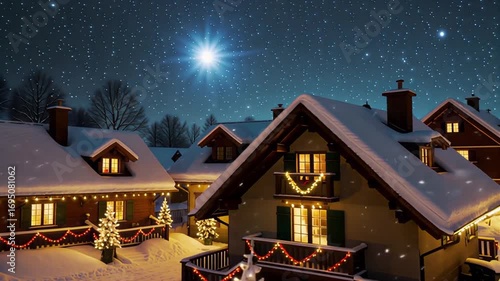 Snowy houses decorated with christmas lights at night