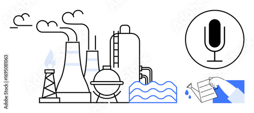 Factory with chimneys, smoke, storage tanks, flowing water, microphone symbol, hand adding liquid into a test container. Ideal for industry, climate impact, research technology environment energy