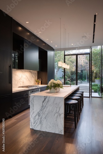Modern kitchen with dark cabinets and white marble island