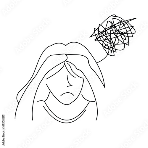 Frustrated Woman Line Art Vector Illustration for Anxiety and Headache