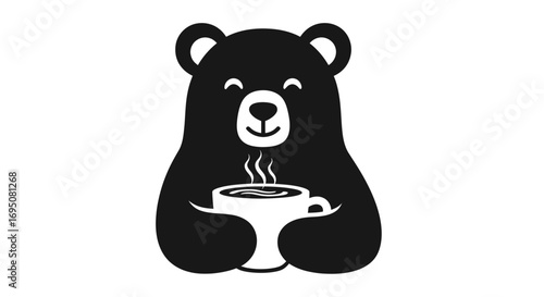 Happy bear enjoying a warm cup of coffee simple illustration.