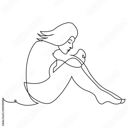 Sitting Sad Woman Line Art Vector Illustration for Depression Concept