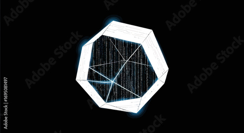 Abstract glowing geometric polyhedron with digital data streams inside.