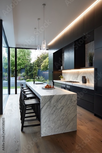 Modern kitchen with large marble island, black cabinetry, and glass pendant lights overlooking a garden