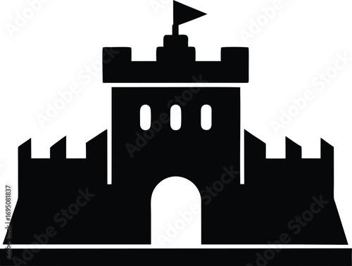 Black Silhouette of a Castle with Flag and Crenellated Walls on White Background fortress stronghold