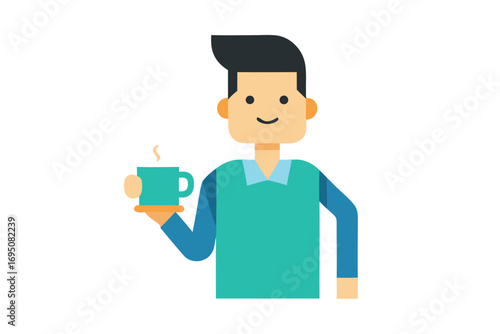 Cartoon man character holding a cup of coffee or tea with steam