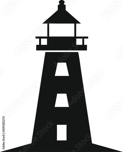 Black silhouette of a lighthouse with a conical tower and lantern room on a white background beacon maritime