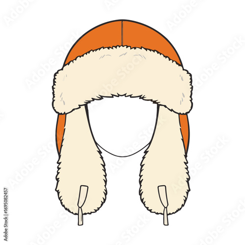 Winter Russian fur hat with earflaps. Orange and white vector illustration on a white background