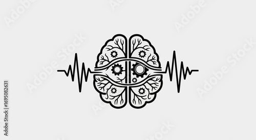 Brain and heartbeat line illustration representing cognitive processes and mental activity.