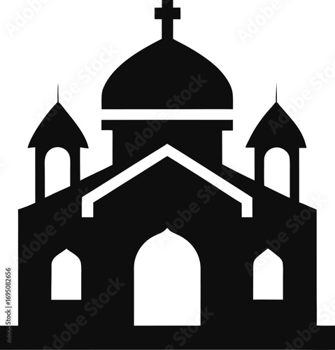 Silhouette of a Christian church with a dome and cross on a white background religion building