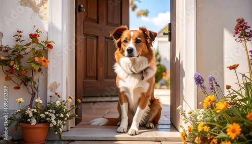 Wallpaper Mural A friendly dog sits patiently at the doorway, surrounded by vibrant flowers in a sunlit garden setting. Torontodigital.ca