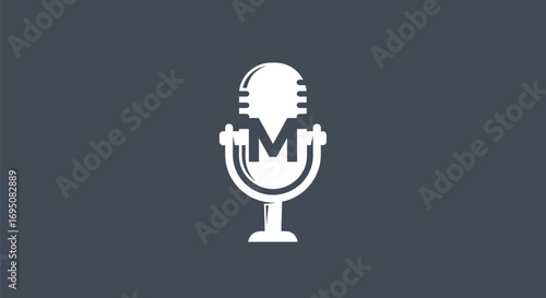 Modern white microphone icon with the letter M podcasting concept.