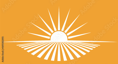 Stylized White Sun Rising Over Horizon on Orange Background.