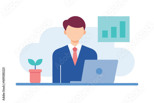 Abstract office worker with laptop, chart, and houseplant, digital illustration