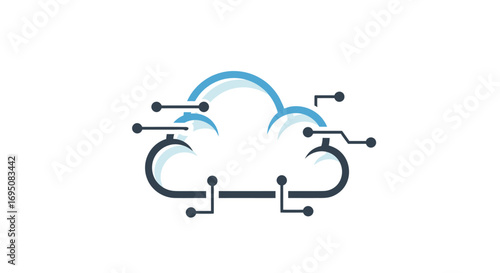 Cloud computing logo with digital connections for data storage and network.