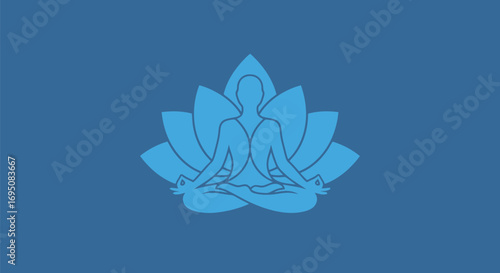 Blue graphic illustration of a person meditating in a lotus pose.