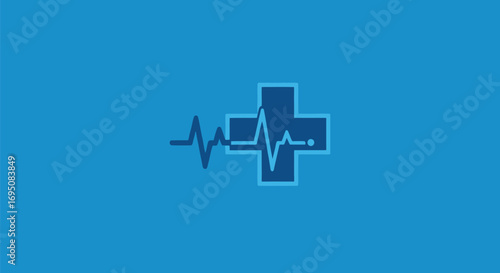 Blue Medical Cross with a Heartbeat EKG Line.