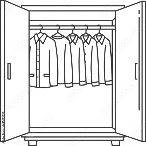 Minimalist open wardrobe illustration showcasing apparel hanging on rod for organization