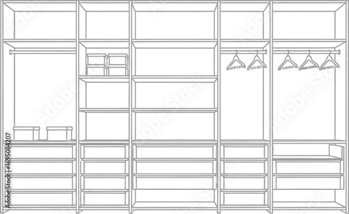 Detailed Architectural Drawing of a Modern Walk-in Closet Interior with Varying Storage Solutions