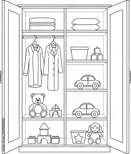 A monochromatic depiction of a well organized closet filled with clothes and toys assortment