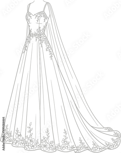 Elegant wedding gown sketch with floral embellishments and flowing train for fashion design projects