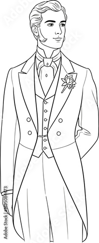 Elegant gentleman in formal attire standing poised with hands behind back isolated on white