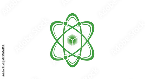 Green atom symbol with central cube science technology concept.
