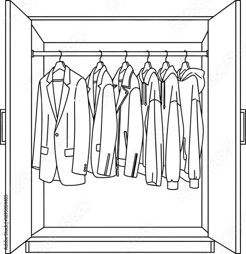 Line drawing of an open closet filled with garments hanging on a metal rod a minimalistic