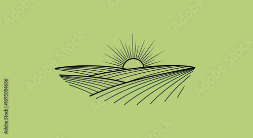 Sunrise over rolling fields hand-drawn line art illustration.