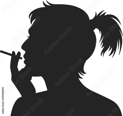 Silhouette of woman with ponytail smoking cigarette, minimalist black and white art, profile view, casual pose, modern lifestyle, smoking habit, artistic vector il