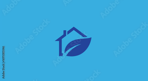 Eco friendly house logo with a green leaf for sustainable living.