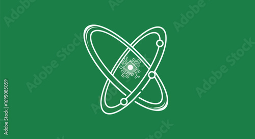 Minimalist white line art of an atomic structure.