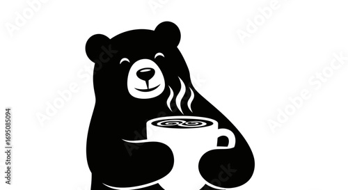 Happy Black Bear Enjoying a Steaming Cup of Coffee.