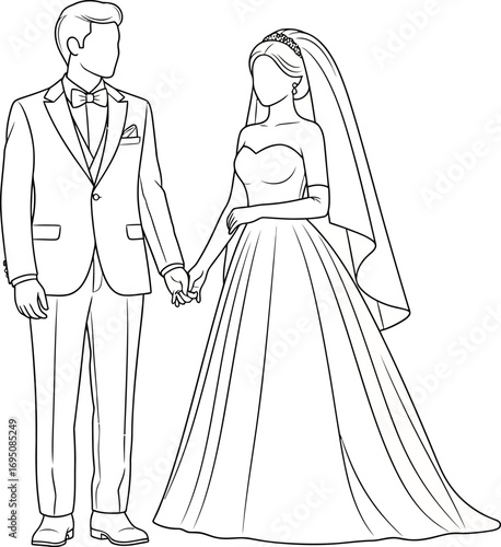 Elegant line art illustration of a bride and groom on their wedding day representing eternal love