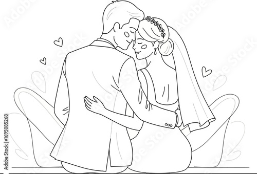 Elegant monochrome line art illustration showcasing a newlywed couple embracing tenderly during