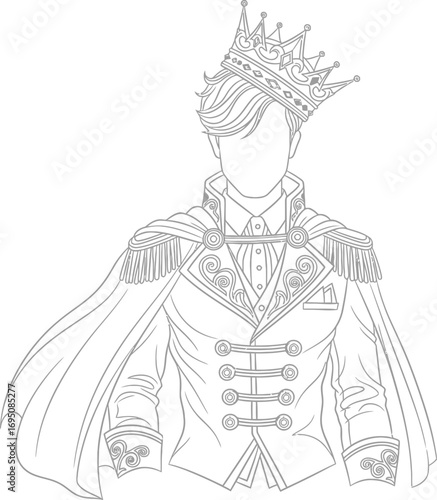 Elegant monochrome artwork depicting a regal figure with detailed crown and formal attire
