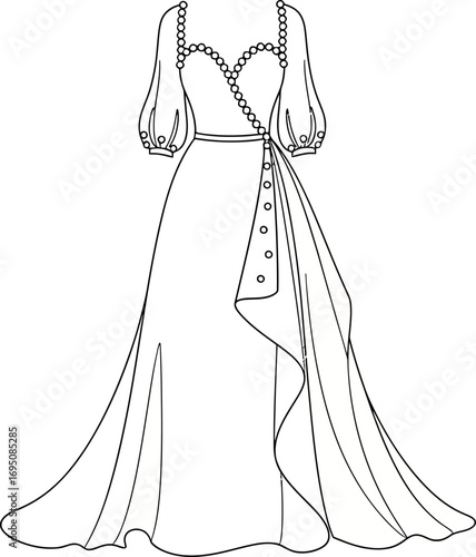 Elegant vector line art gown with cascading skirt and pearl-trimmed shoulder straps for design