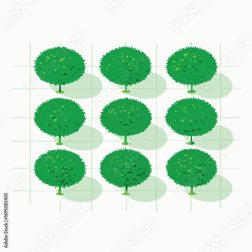 Grid of nine green trees with shadows nature forest