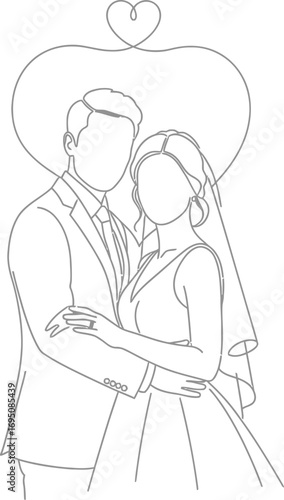 Elegant line art illustration of a wedding couple embracing with a heart backdrop for modern