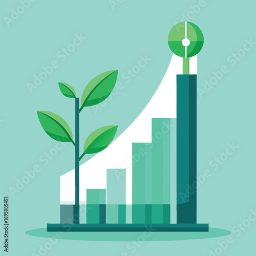 Growing plant on a rising bar graph with goal icon