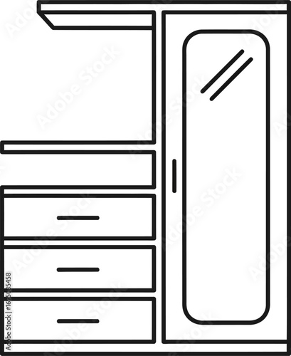 Minimalist outline rendering showcasing wardrobe and drawer arrangement within organized furniture