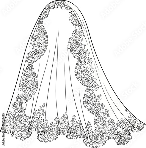 Elegant bridal veil with intricate floral lace edging for wedding illustrations and designs